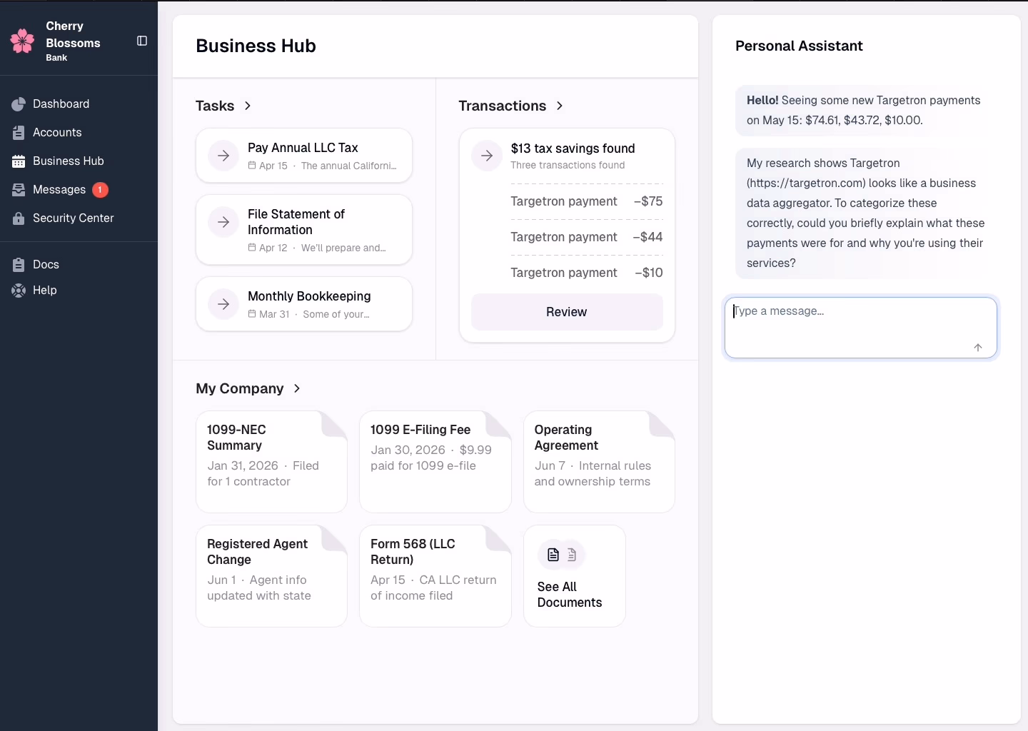 Business Hub showing transaction categorization with AI assistant